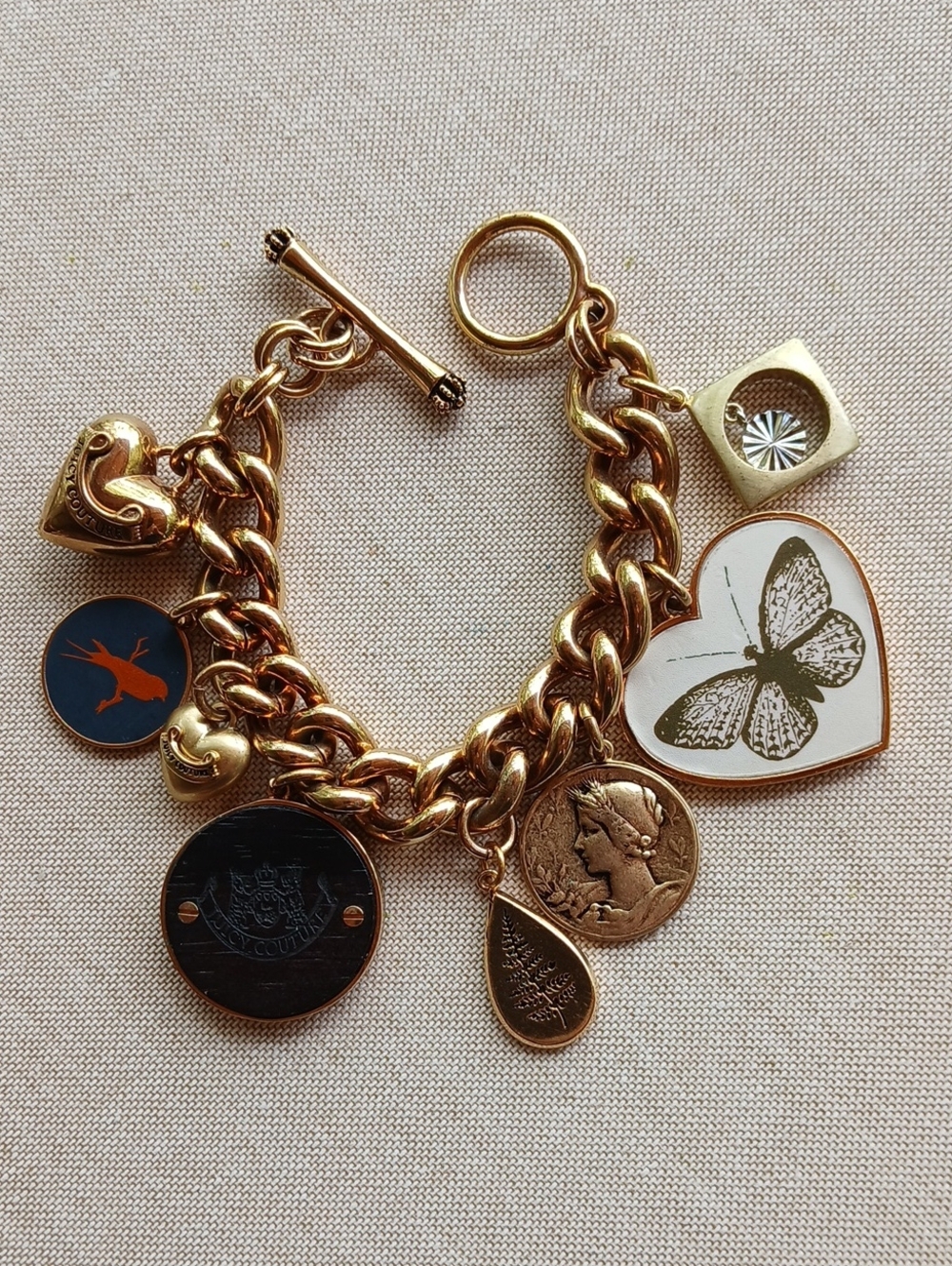 Vintage Juicy Couture Y2K Gold Tone Nature Themed Chunky Charm Bracelet